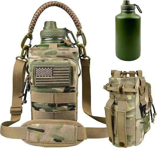Half Gallon Water Bottle with Sleeve - 64 oz Insulated Water Jug with Handle Tactical Stainless Steel Sports Water Bottle with Strap for Gym Workout Hiking Camping Camo Pouch