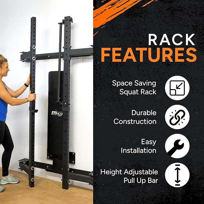 PRx Performance Wall Mounted Folding Power Squat Rack - Heavy Duty Adjustable Pull Up Bar, Space Saving Home Gym Equipment with Durable J-Cups, Ideal for Weight Lifting and Strength Training - Black