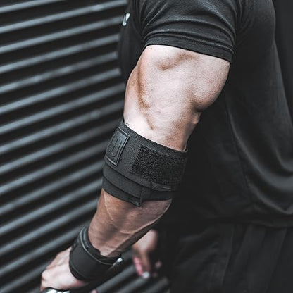 Elbow Wraps for Weightlifting - Heavy Duty Construction, 25% More Elasticity, Reinforced Stitching, Extra Wide Fastener, Easy to Adjust, All Black