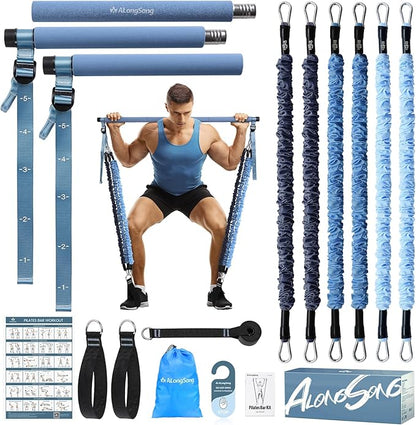 Upgraded Pilates Bar Kit with Resistance Bands Natural Latex for Women & Men, Heavy-Duty Stainless Steel Multifunctional Yoga Pilates Stick for Home Gym Exercise Fitness Equipment Full-Body Workouts