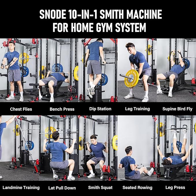 SNODE ALL10 Smith Machine for Home Gym, Power Rack with Cable Crossover, Squat Rack with Leg Press and Advanced LAT Pull-Down Seat, 2000LB Weight Capacity
