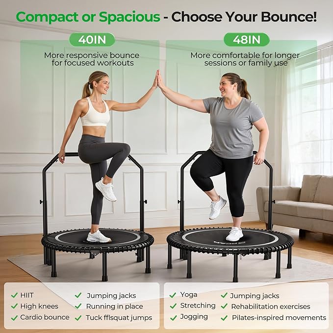 BCAN BT2 450/550LBS Mini Rebounder Trampoline for Adults with Bar, Fitness Trampoline with Bungees, Adjustable Handle, Stable & Quiet, Indoor Outdoor, Whole-Body Workout & Relaxation at Home-40IN/48IN