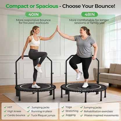 BCAN BT2 450/550LBS Mini Rebounder Trampoline for Adults with Bar, Fitness Trampoline with Bungees, Adjustable Handle, Stable & Quiet, Indoor Outdoor, Whole-Body Workout & Relaxation at Home-40IN/48IN