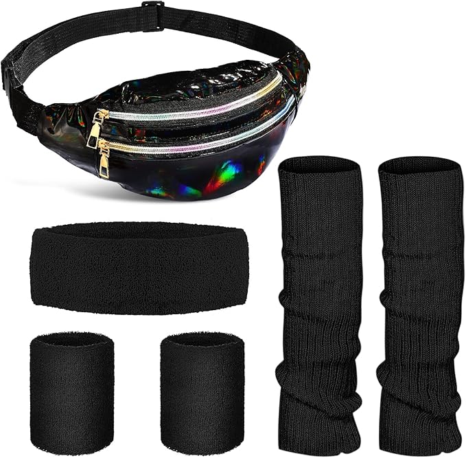 SATINIOR 80s Women Workout Outfit Neon Leg Warmer Headband Wristbands Fanny Pack Set 80s Accessories for Yoga Running