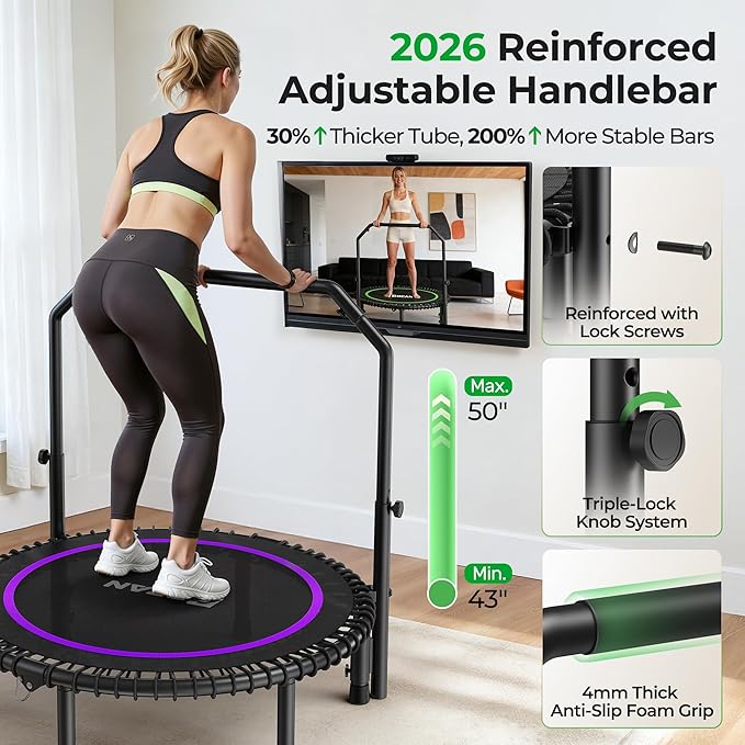 BCAN BT2 450/550LBS Mini Rebounder Trampoline for Adults with Bar, Fitness Trampoline with Bungees, Adjustable Handle, Stable & Quiet, Indoor Outdoor, Whole-Body Workout & Relaxation at Home-40IN/48IN
