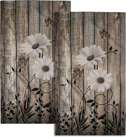 Retro Barn White Daisy Hand Towels Rustic Flower Butterfly Dark Brown Wooden Farmhouse Absorbent Kitchen Towels Spring Vintage Sunflower Floral Quick Dry Microfiber Dish Towels For Kitchen Face Towel