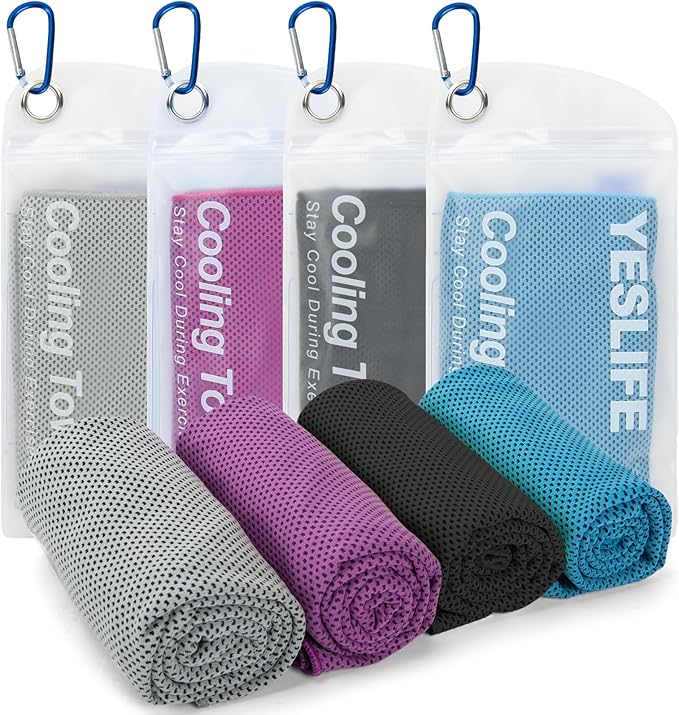 YESLIFE 4 Pack Cooling Towel 40"x12", Gym Towels for Men and Women, Soft Breathable Workout Towels for Yoga, Running, Sport, & More (Blue, Grey, Purple, Black)
