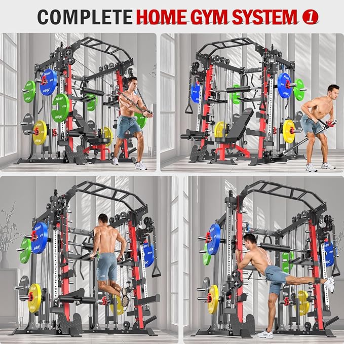 Smith Machine with Cable Crossover System, Multi-Function Squat Rack Power Cage for Home Gym, Power Rack and Packages Weight Sets