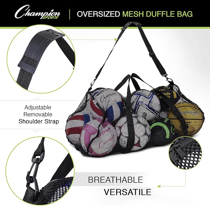 Champion Sports Mesh Duffle Bag – Oversized Breathable Gear Bag with Zipper & Shoulder Strap for Sports, Gym & Travel