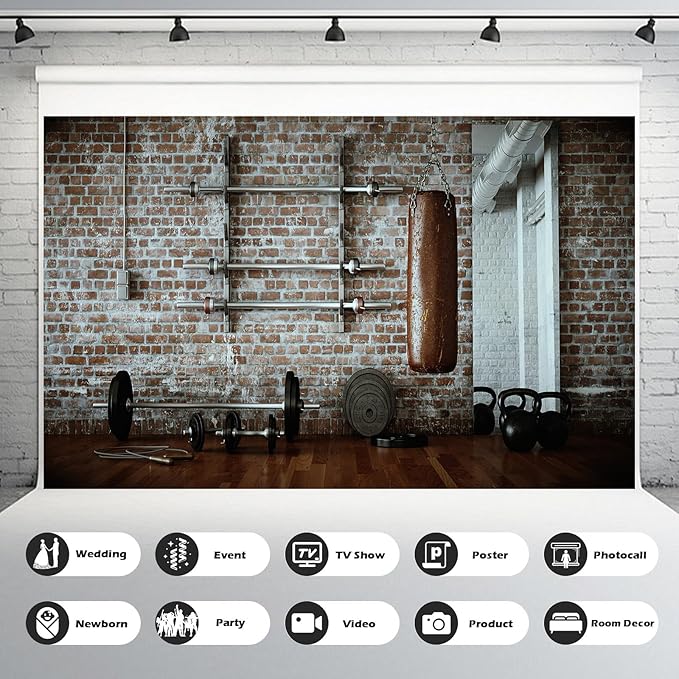 Gym Backdrop Fitness Room Indoor Sports Photography Background Workout Room with Different Weight Lifting Equipment Backdrops Muscle Training Exercise Sandbag Photo Studio Props Vinyl 20x10ft