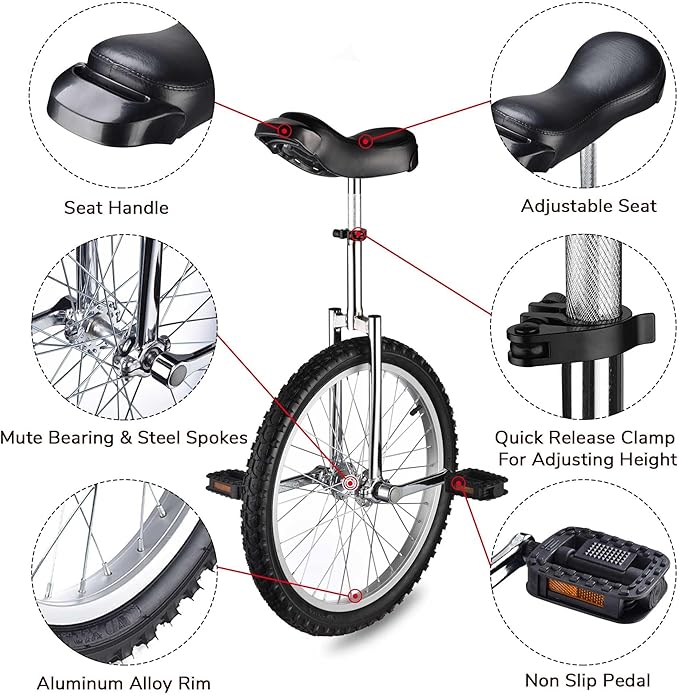 AW 16/18/20/24 Inch Wheel Outdoor Unicycle Adjustable Seat Exercise Bicycle Fit Adults Kids Outdoor Sports Fitness Exercise, for Choice