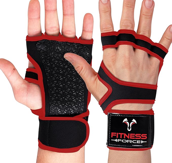 FITNESS FORCE Ventilated Weightlifting Gloves Workout Gloves for Men & Women with Built-in Wrist Wraps Fingerless Gym Gloves for Men Perfect for Exercise Fitness, Weight Lifting, Cross Training