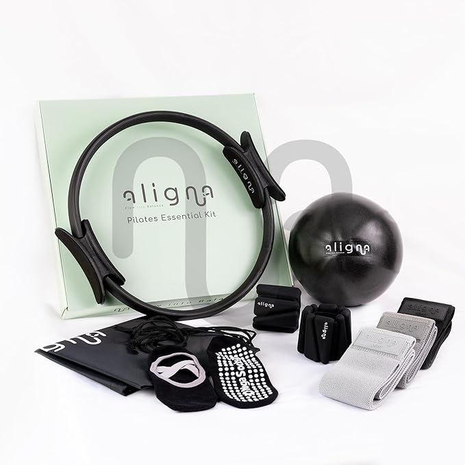 Aligna Pilates Essential Kit | Complete Home Set for Balance, Flexibility & Strength | 8-Piece Set with Pilates Ring, Softball, Resistance Bands, Ankle Weights, Yoga Socks & Carry Bag