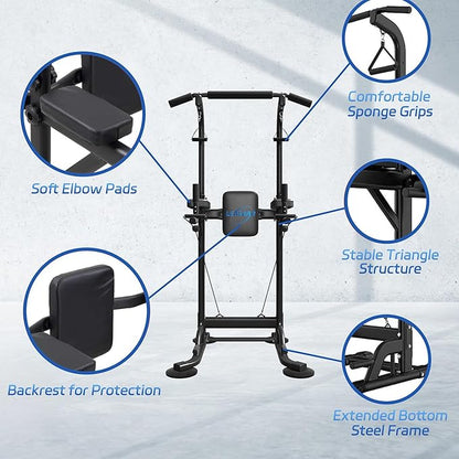 Pull Up Dip Station for Home Gym, Power Tower with Backrest, Adjustable Height Pull Up Bar Stand, Multifunctional Strength Training Fitness Workout Station