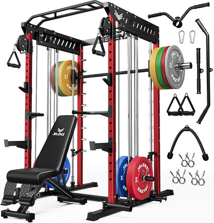 M21 Smith Machine, Multi-Function Power Cage with Dual Pulley Cable Crossover System, 2000LBS All-in-One Squat Rack with Smith Bar and Attachments for Home Gym Strength Training