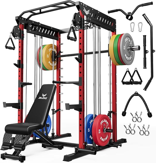 M21 Smith Machine, Multi-Function Power Cage with Dual Pulley Cable Crossover System, 2000LBS All-in-One Squat Rack with Smith Bar and Attachments for Home Gym Strength Training