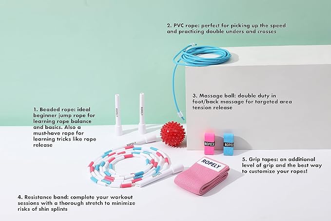 Skipping Rope 6-in-1 Jump Rope Set Beginner Friendly with Tangle Free Segmented Beaded Rope, PVC Rope, Massage Ball, Resistance Band, and Handle Tapes, Adjustable Length