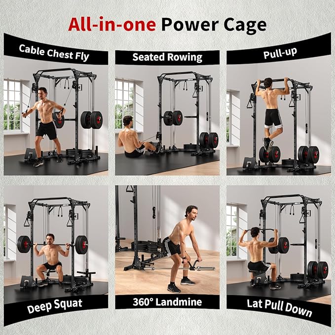 JEEKEE Power Cage with Cable Crossover System, 2000LB Multi-Function Power Rack with Independent Dual Pulleys, LAT Pulldown Seat Cushion, 20+ Attachments Squat Rack for Home Gym Workout