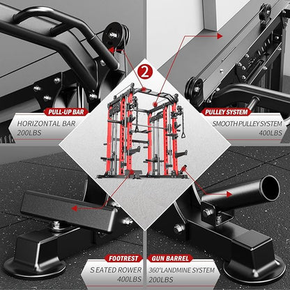 Smith Machine with Cable Crossover System, Multi-Function Power Cage Squat Rack for Home Gym, Power Rack and Packages Weight Sets.