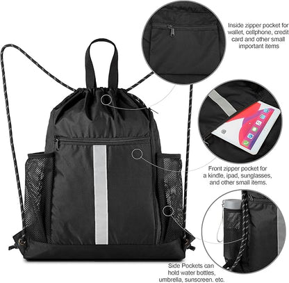 BeeGreen Drawstring Backpack Bag Sports Gym Backpack with Shoe Compartment and Two Water Bottle Holder for Men Women Large String Backpack Athletic Sackpack Workbag Black