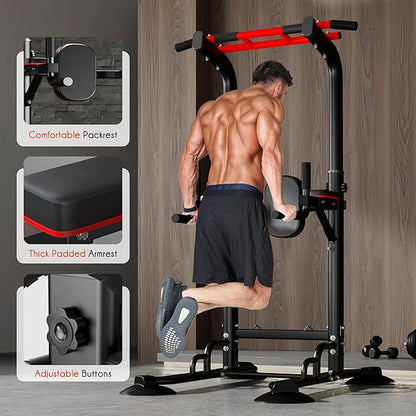 DlandHome Pull Up Bar Power Tower Dip Station, Height Adjustable Heavy Duty Workout Dip Stand, Multi-Functional Strength Training Machine for Men Women Home Gym
