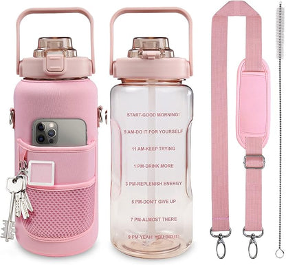 Half Gallon Water Bottle with Sleeve, 64OZ Motivational Water Bottle with Straw & Time Marker, BPA Free Leakproof Gym for Sport Workout