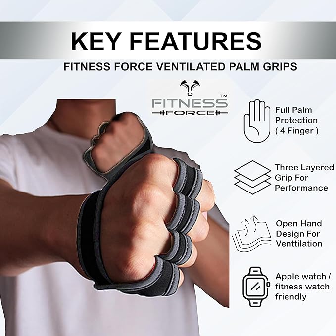 FITNESS FORCE Workout Gloves for Men & Women Partial Weight Lifting Gloves Non-Slip Gym Grip for Weight Lifting Calluses Guard Fingerless Exercise Gloves with Full Palm Protection
