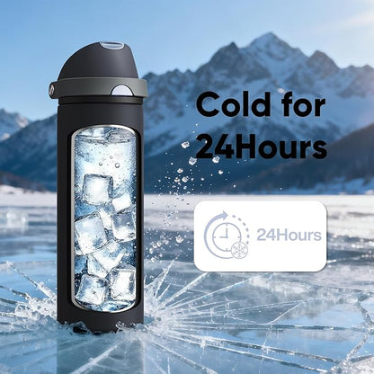 Insulated Water Bottle with Straw - Encool Stainless Steel Water Bottle with Push Button Lid, Leak-Proof & BPA-Free, Keeps Cold for 24 Hours for Sports, Travel, Gym (24 oz, Tuna Grey-Silver)