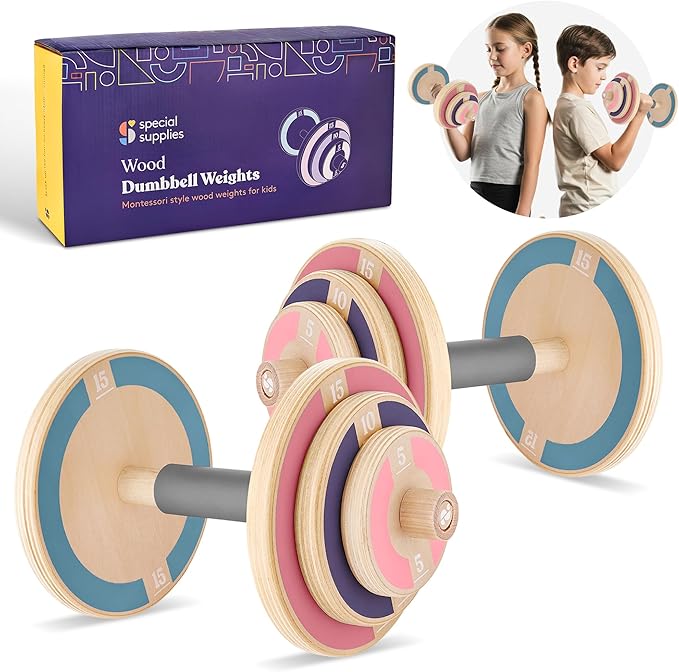 Special Supplies Kids Wooden Workout Play Weights Set - Adjustable Dumbbells Set for Home Gym Equipment, Exercise Workout Set for School or Home Fitness Activities, Pastel Colors (Set of 2 Dumbbells)