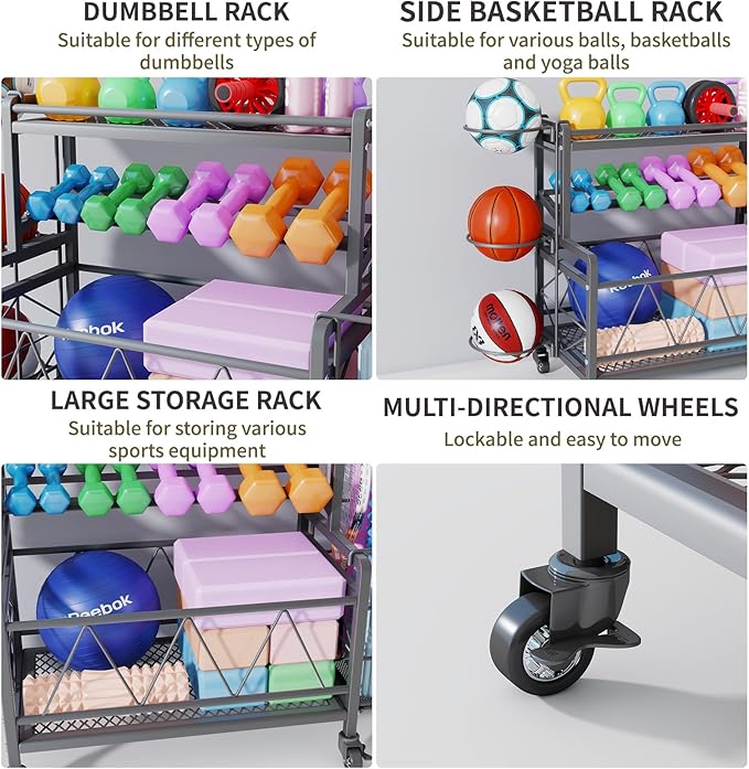 Dumbbell Rack, Weight Rack for Dumbbells, High Volume Home Gym Equipment Storage for Kettlebells, Yoga Mat, Foam Roller, etc, All in One Workout Storage with Wheels and Hooks