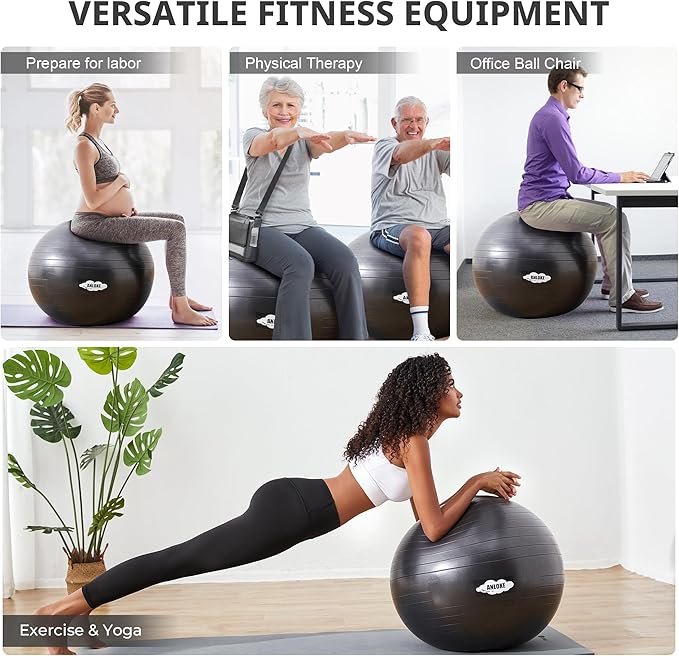 Yoga Exercise Ball for Fitness & Balance, Anti-Burst Stability Chair, Birthing for Pregnancy, Non-Toxic PVC Gym With Foot Pump for Pilates