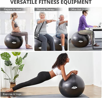 Yoga Exercise Ball for Fitness & Balance, Anti-Burst Stability Chair, Birthing for Pregnancy, Non-Toxic PVC Gym With Foot Pump for Pilates