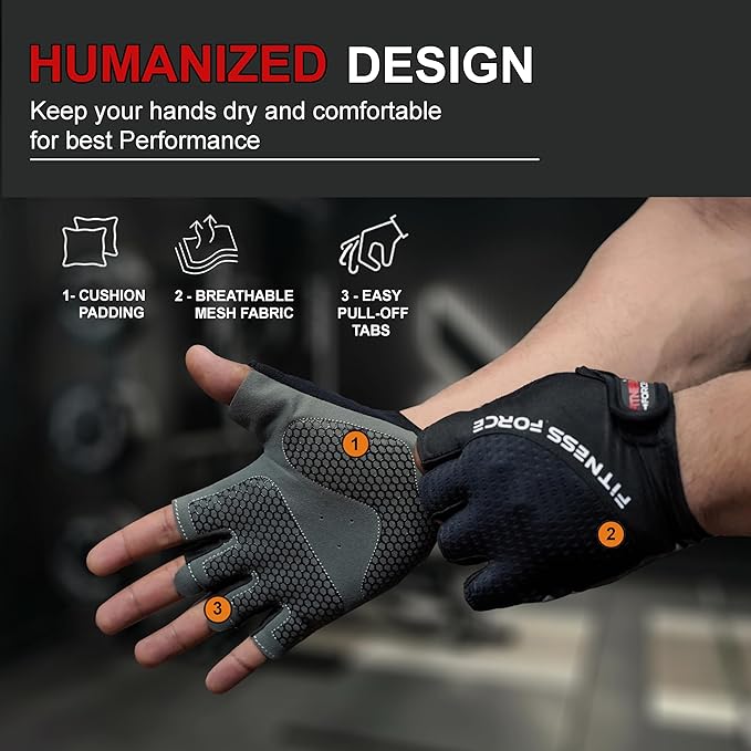 FITNESS FORCE Breathable Workout Gloves for Men and Women, Padded Weight Lifting Gloves with Full Palm Protection for Grip, Exercise, Cycling, Gym, Fitness Training
