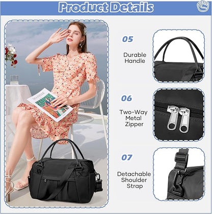 Small Black Gym Duffle Bag for Women Men with Shoe Compartment, Mini Cute Weekender Handbag Carry on Travel Bag for Airplane, Water Resistant Sports Yoga Tote Bag with Dry Wet Separated Pocket.