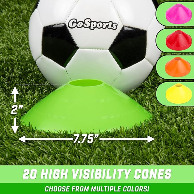 GoSports Premium Sports Cones for Agility Training and Drills - 20 Pack with Tote - Orange, Green, Pink, Yellow, or Red