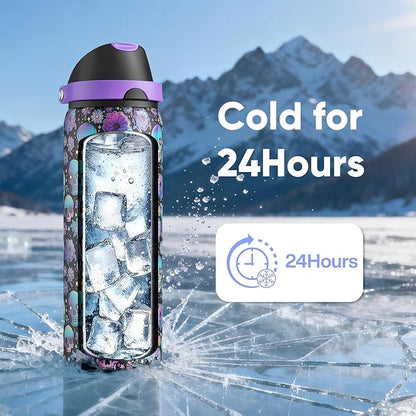 Insulated Water Bottle with Straw - Encool Stainless Steel Water Bottle with Push Button Lid, Leak-Proof & BPA-Free, Keeps Cold for 24 Hours for Sports, Travel, Gym (32 oz, Floral Afterlife)