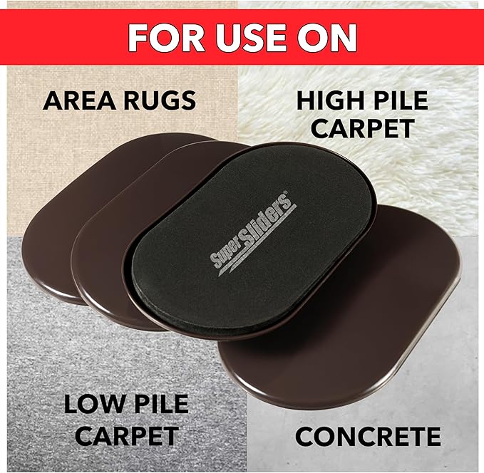 Super Sliders 5-3/4" x 9-1/2" XL Oval Reusable Furniture Sliders for Carpet, Anti-Slip Protective Furniture Moving Pads for Beds, Sofas, Dressers, Set of 4, Brown