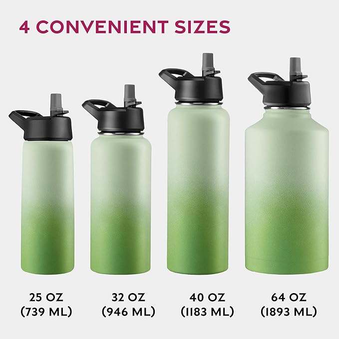 FineDine Water Bottle - Stainless Steel Insulated Water Bottle with Straw Lid, Flip Lid & Wide-Mouth Cap - Keeps Hot and Cold - 25 Oz / 739ml - Dreamy Green