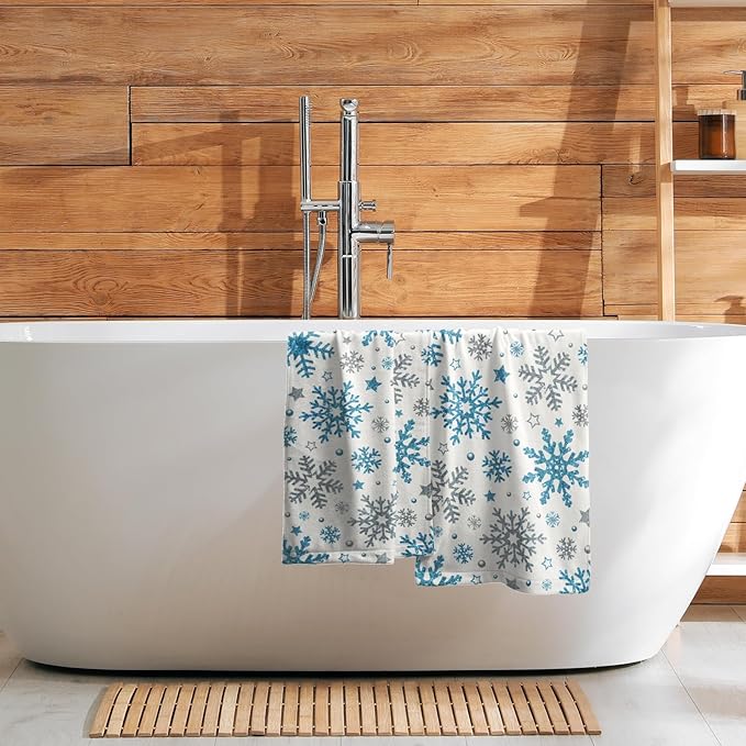 Winter Snowflake Hand Bath Towels Xmas Blue Silver Snowflakes 2 Pcs Christma Absorbent Quick Dry Fingertip Towel Washcloths Holiday Theme Kitchen Tea Dish Towels for Home Shower Hotel Gym 14"x28"