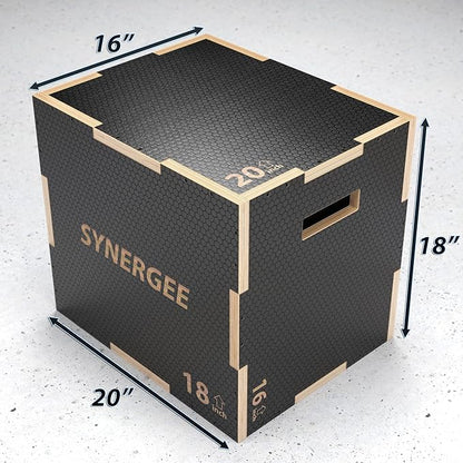 Synergee 3 in 1 Non-Slip Plyometric Box for Jump Training and Conditioning. Wooden Plyo and Soft Plyo Box All In One Jump Trainer. Sizes 20/18/16, 16/14/12
