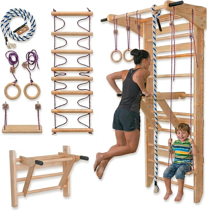 Swedish Ladder Wall Bars with Pull-Up Bar & Dip Station – Wooden Stall Bars, Multifunctional Home Gym Wall Ladder for Strength Training & Stretching