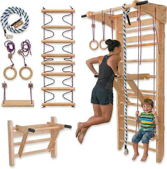 Swedish Ladder Wall Bars with Pull-Up Bar & Dip Station – Wooden Stall Bars, Multifunctional Home Gym Wall Ladder for Strength Training & Stretching