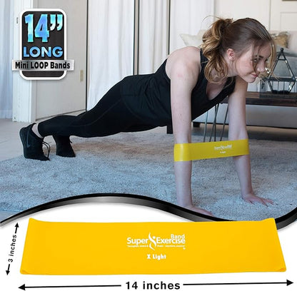 USA 14" x 3" Extra Long Latex Free Mini Loop Bands in 3, 5, 10 Pack Sets. 10 Strengths for Resistance Training, Stretching, Yoga, Toning. Plus an Exclusive iPhone App and E-Book.