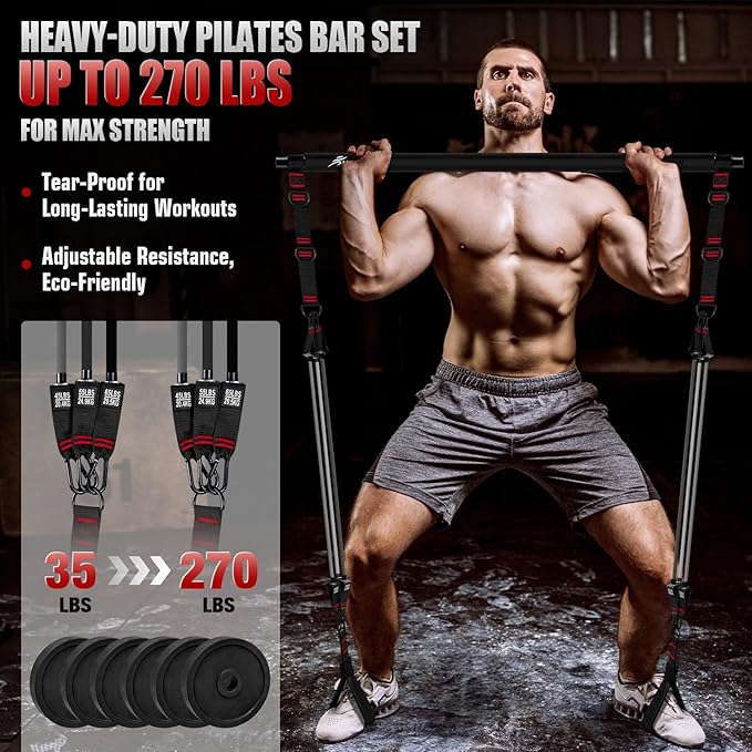 HPYGN Pilates Bar Kit with Resistance Bands, Heavy Duty Multifunctional Pilates Workout Equipment for Strength Training, HIP, Back, Arms, Ab, Shoulders, Portable Home Gym & Travel Fitness Gear for Men