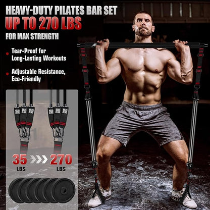 HPYGN Pilates Bar Kit with Resistance Bands, Heavy Duty Multifunctional Pilates Workout Equipment for Strength Training, HIP, Back, Arms, Ab, Shoulders, Portable Home Gym & Travel Fitness Gear for Men