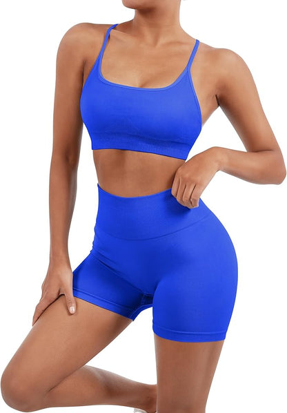 SUUKSESS Women Seamless Workout Sets Strappy Sports Bra High Waist Booty Shorts Outfits