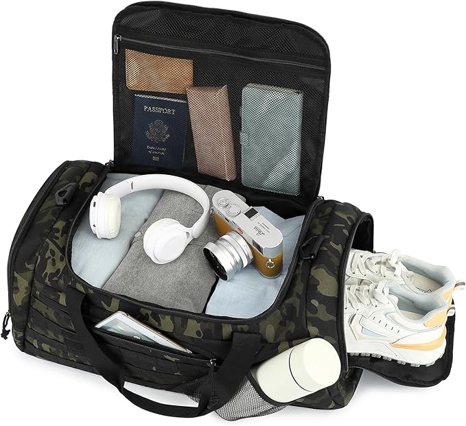 3-in-1 Tactical Gym & Travel Duffle Bag Backpack Men Multi-Functional 45L Military Sports Duffle Bag with Shoe Compartment & Wet Pocket for Workout Weekender Overnight Bag with Molle Webbing, Camo