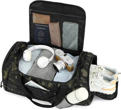 3-in-1 Tactical Gym & Travel Duffle Bag Backpack Men Multi-Functional 45L Military Sports Duffle Bag with Shoe Compartment & Wet Pocket for Workout Weekender Overnight Bag with Molle Webbing, Camo