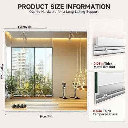 48" x24” 2 Pack Home Gym Mirrors, Large HD Frameless Tempered Glass, Full Body Wall Mount Mirrors for Home Gym, Yoga, Dance Studio, Workout, Silver Clamp Rail