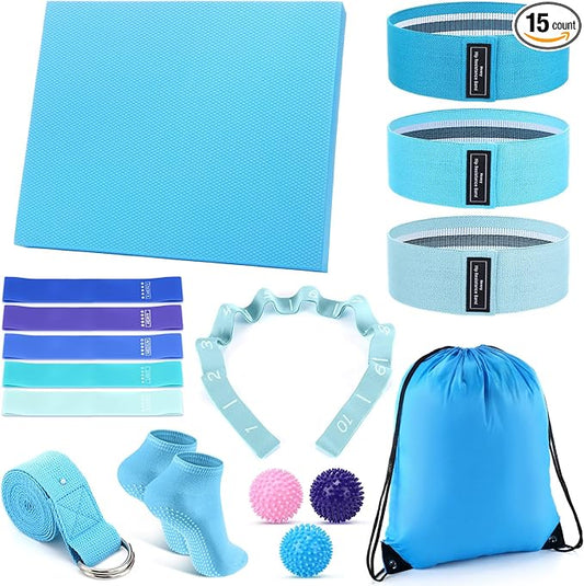 16 Pcs Home Pilates Kit for Women Resistance Band, Stretching Band, Non Slip Socks, Yoga Fascia Balls, Stretch Belt in Sections, Balanced Cushions, Hip Belt and Drawstring Bag